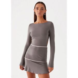 NWT Peppermayo French Flirt Mini Dress Charcoal Open Back Ruffle Y2K 6 Preppy